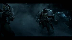 A squad of astartes standing in the smoke with their weapons ready after boarding the hostile vessel.