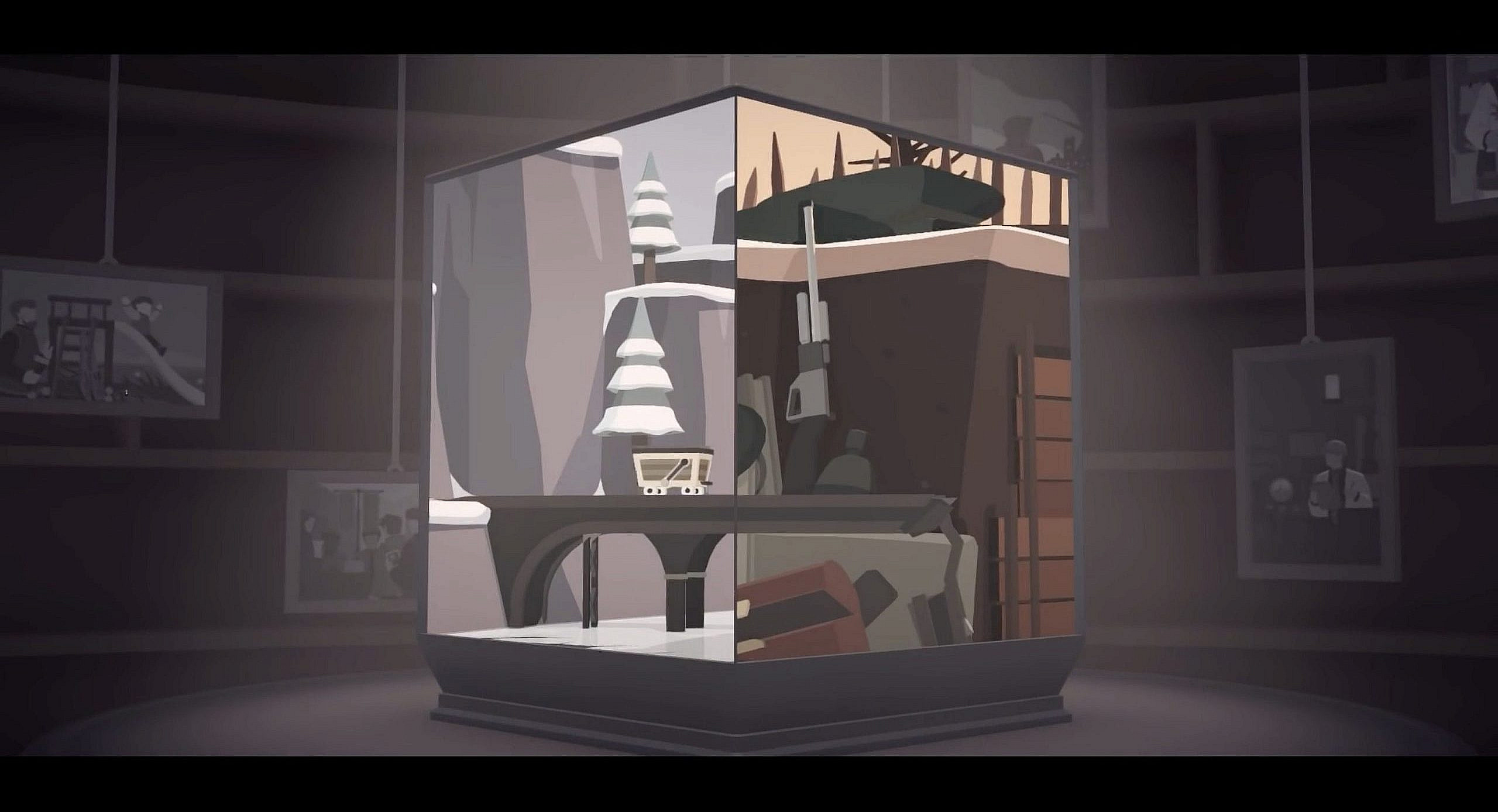 A cube with two of its sides is shown. One side is the scene of a bridge in a snowy valley; the other is the inside of a hunting lodge