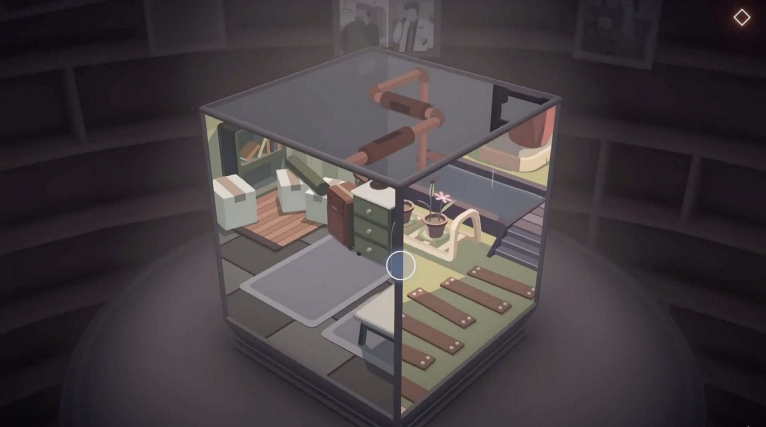 A cube with each dimension containing different scenery of the living room, storage, and yard.