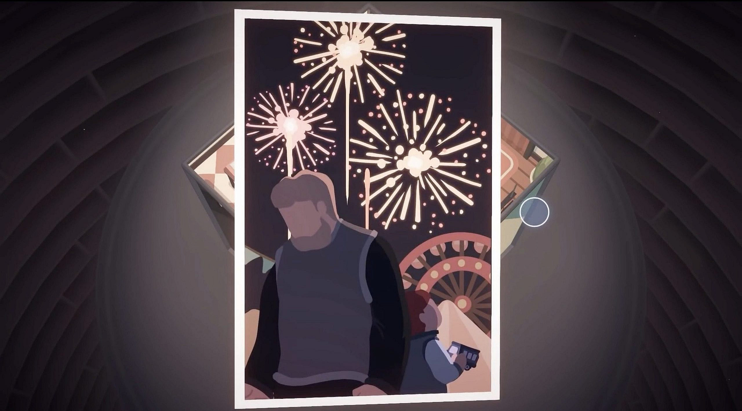 A picture of a father and a son at a fair, with fireworks in the background