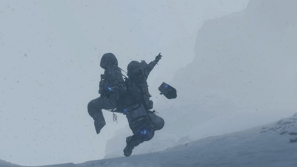 The hooded main character jumping cheerfully in the air during a snowstorm.