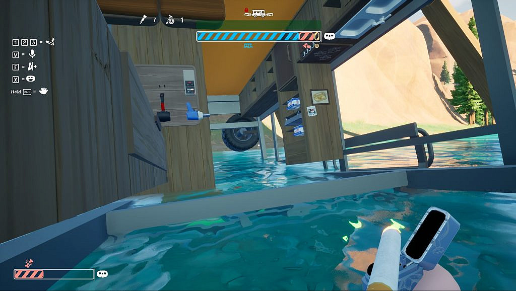 Image of an RV sinking into water while the character is lighting a cigarette