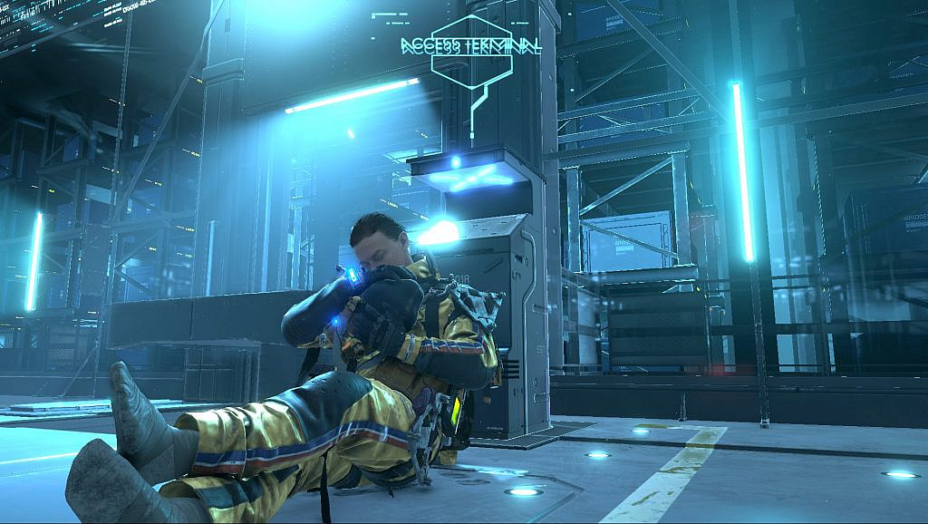 The main character asleep on a warehouse floor, wearing all of his equipment other than shoes.