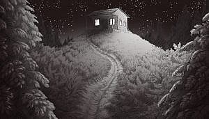 Black and white pencil drawing of a small wooden cabin on a hill at night.
