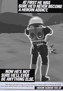 An anti-heroin advert reworked to have a risk of rain character with many needles sticking out of his legs: the "soldier's syringe" (attack speed up). The text reads "At first he was sure he'd never become a heroin addict. Now he's not sure he'll be anything else"