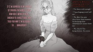 The game's UI with a black and white pencil drawing of the female main character facing the camera and dialogue options.