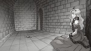 A black and white pencil drawing of the female main character sitting chained in a corner of a dungeon.