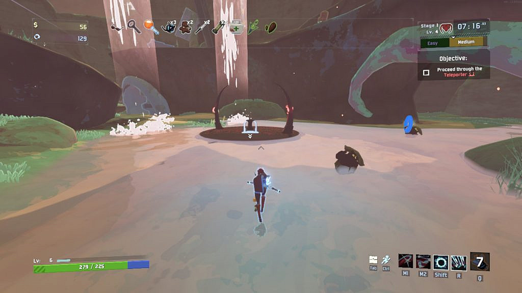 A red figure (the player) approaches a flat circle with two horns above it, and red energy emanating from each horn. She is in a rocky, green area, with waterfalls prominently falling onto this disc. Could this be the teleporter??