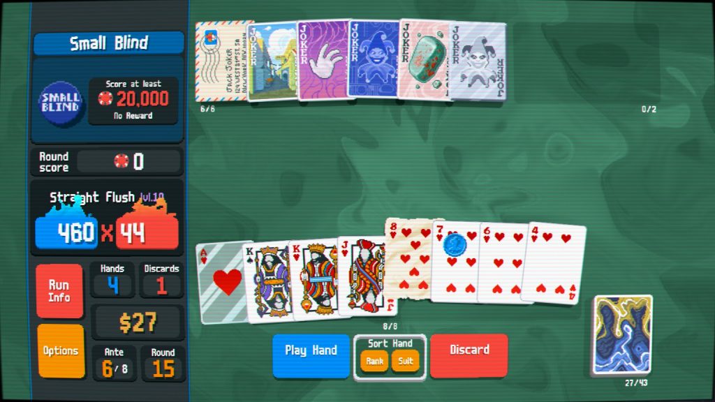 A Balatro game in which I am playing an 8, 7, 6, and 4 (all hearts) and the game is telling me this is a straight flush.