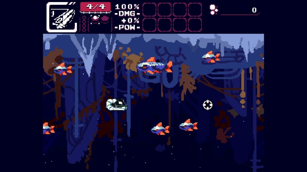 Astronautilus screenshot. A nautilus-shaped ship travels through an icy underwater realm with colorful fish.