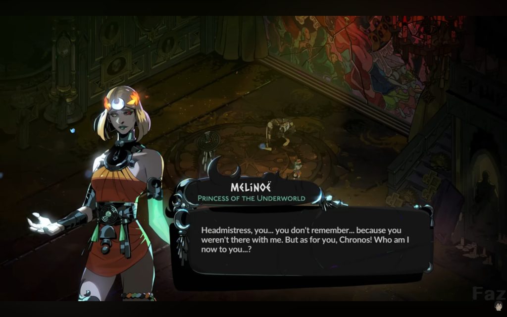 New ending. Melinoe starts to explain herself. The text reads: "Headmistress, you... you don't remember... because you weren't there with me. But as for you, Chronos! Who am I now to you...?