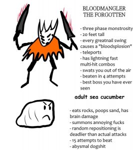 BLOODMANGLER THE FORGOTTEN- three phase monstrosity - 20 feet tall - every greatnail swing causes a "bloodsplosion" - teleports - has lightning fast multi-hit combos - swats you out of the air - beaten in 4 attempts - best boss you have ever seen adult sea cucumber - eats rocks, poops sand, has brain damage - summons annoying fucks - random repositioning is deadlier than actual attacks - 15 attempts to beat - abysmal dogshit