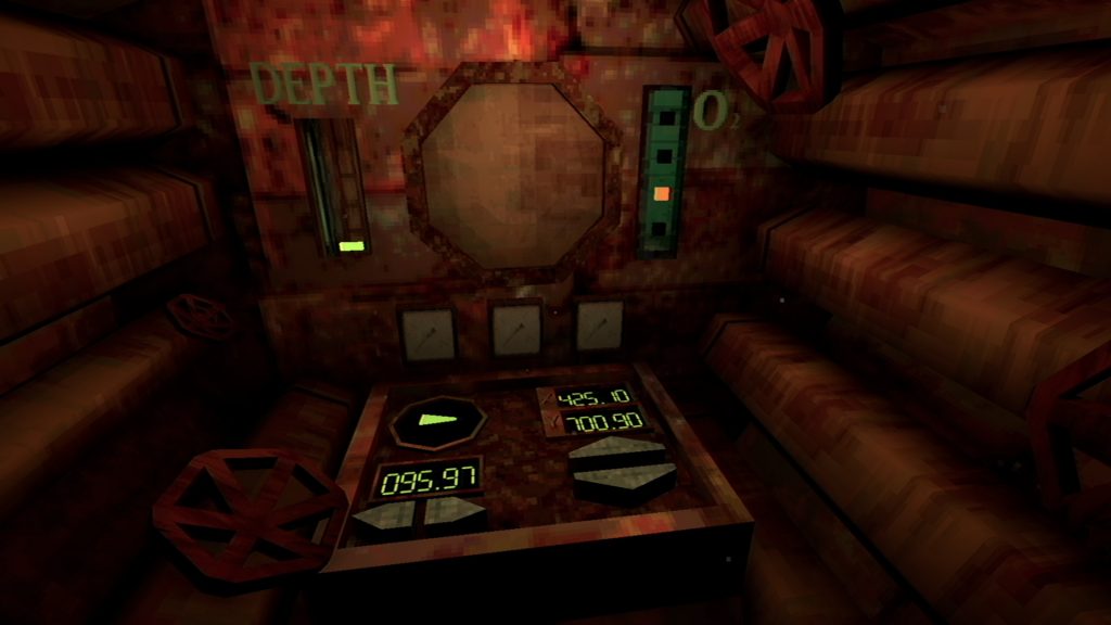 Iron Lung screenshot - a dim, rusty, low-poly submarine interior.