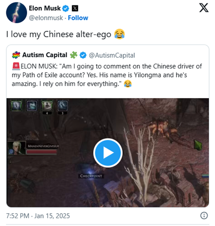 Elon musk on X posting about his video game account with a gameplay video attached