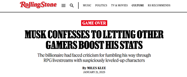 Article heading titled "Musk confesses to letting other gamers boost his stats"