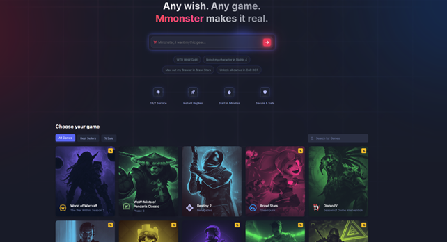 A website with multiple colorful video game images representing the available boosting service types